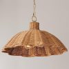Handwoven Rattan Pendant Light with Aged Brass — Boho Coastal Hanging Lamp