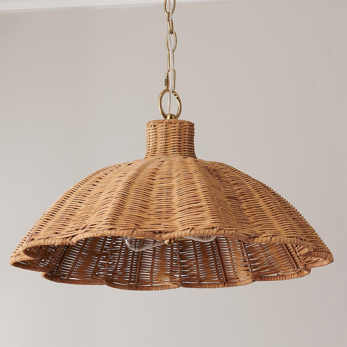 Handwoven Rattan Pendant Light with Aged Brass — Boho Coastal Hanging Lamp