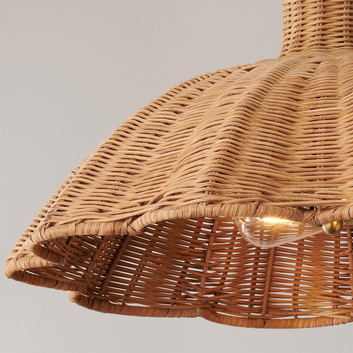 Handwoven Rattan Pendant Light with Aged Brass — Boho Coastal Hanging Lamp