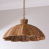 Handwoven Rattan Pendant Light with Aged Brass — Boho Coastal Hanging Lamp